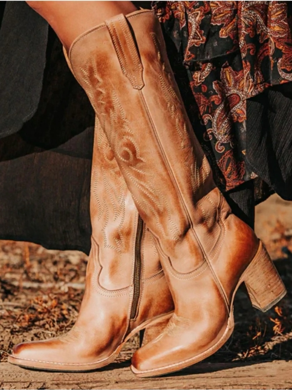 Freebird Panama Beige Leather Tall Western Boots with Stacked Heel Womens Size 7